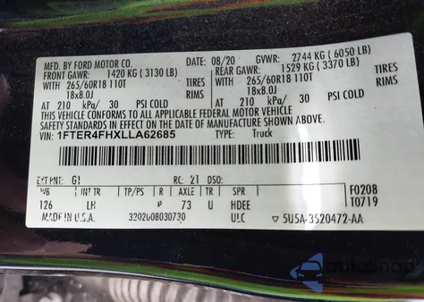 2020 Ford Ranger Xlt z USA, uszkodzony, nr VIN 1FTER4FHXLLA62685